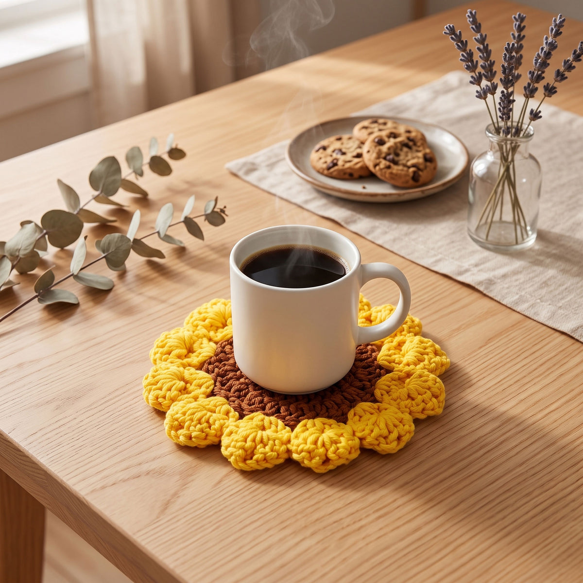Sunflower crochet coaster under white mug of hot tea on wooden nightstand, warm bedside lamp and cozy bed background, shortbread cookies on small plate, peaceful bedroom morning scene