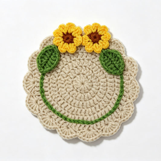 Top view handmade crochet coaster with two yellow 3D sunflowers and green leaf details, scalloped edge, plain white background, knitted floral drink mat for mugs