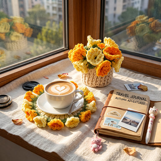 Handmade crochet flower coaster, folds into yellow orange flower bouquet, with crochet flower pot base, aesthetic table decor for coffee table, handmade gift