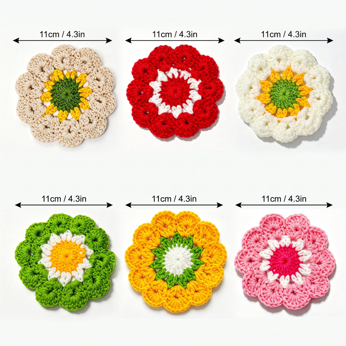 Six handmade crochet flower coasters in different colors, 11cm 4.3 inches each, flat lay on white background, colorful knitted floral coaster set size guide