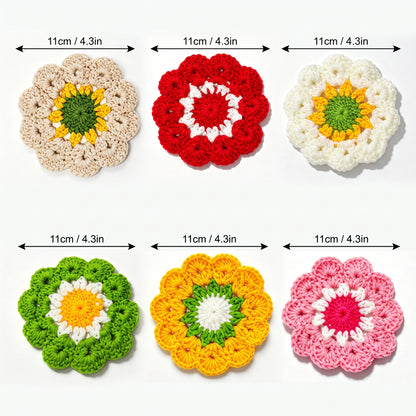 Six handmade crochet flower coasters in different colors, 11cm 4.3 inches each, flat lay on white background, colorful knitted floral coaster set size guide