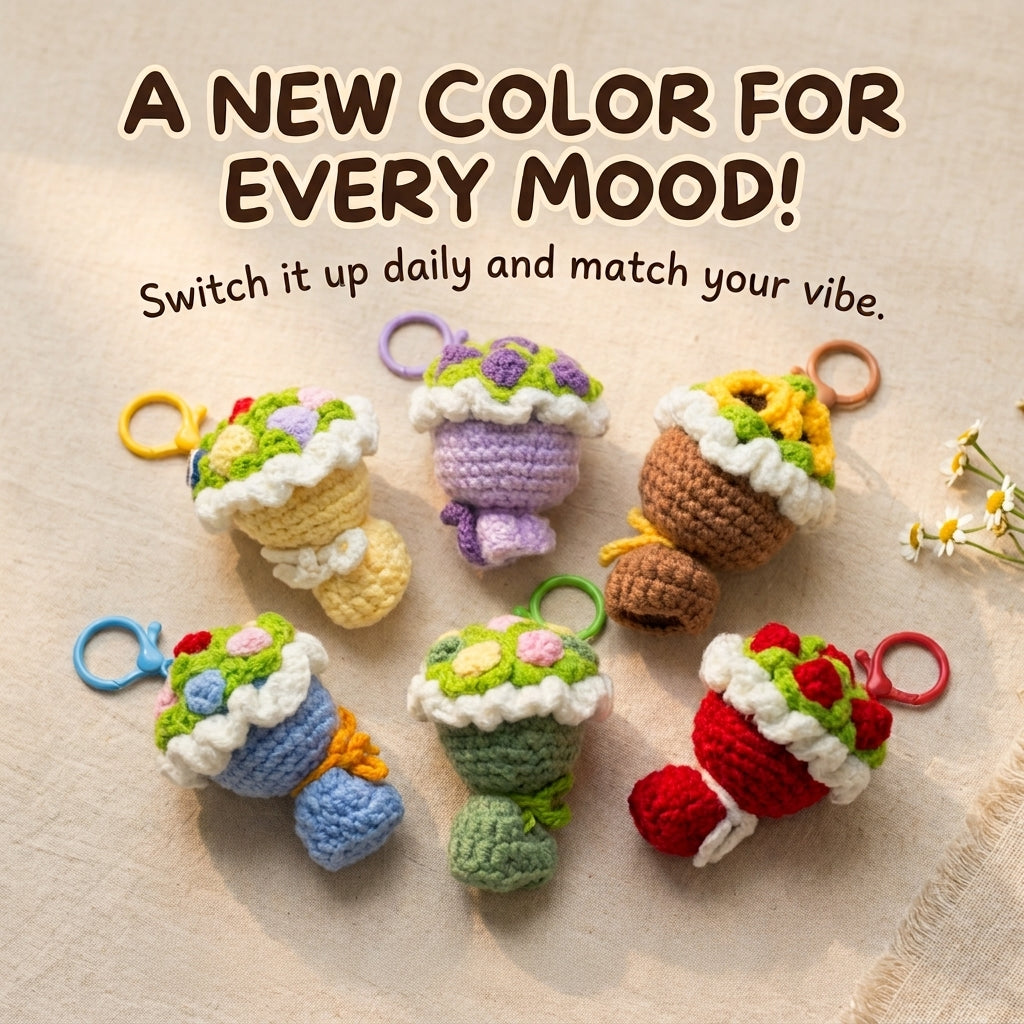 6 colorful handmade crochet bouquet keychains flat lay on linen fabric, cute knitted flower key charms with text "A new color for every mood