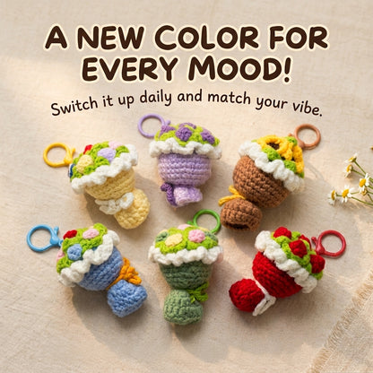 6 colorful handmade crochet bouquet keychains flat lay on linen fabric, cute knitted flower key charms with text "A new color for every mood