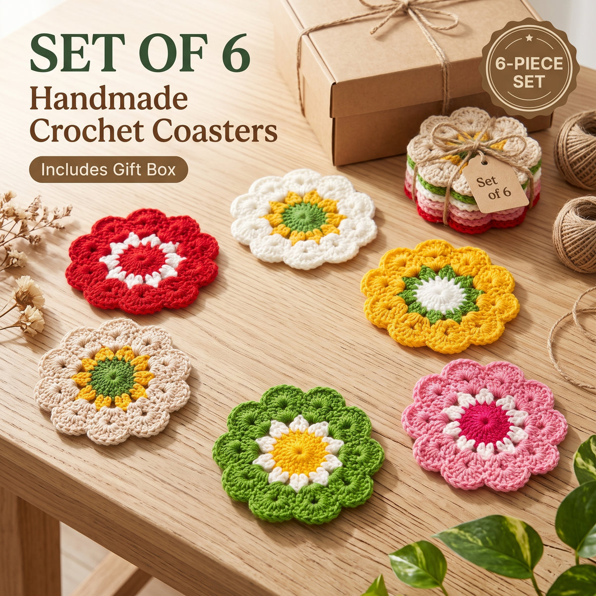 Set of 6 handmade crochet flower coasters with gift box, multicolor floral knitted cup coasters for gift giving and table decoration