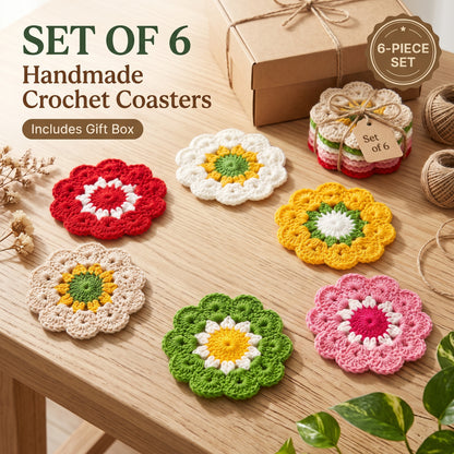 Set of 6 handmade crochet flower coasters with gift box, multicolor floral knitted cup coasters for gift giving and table decoration