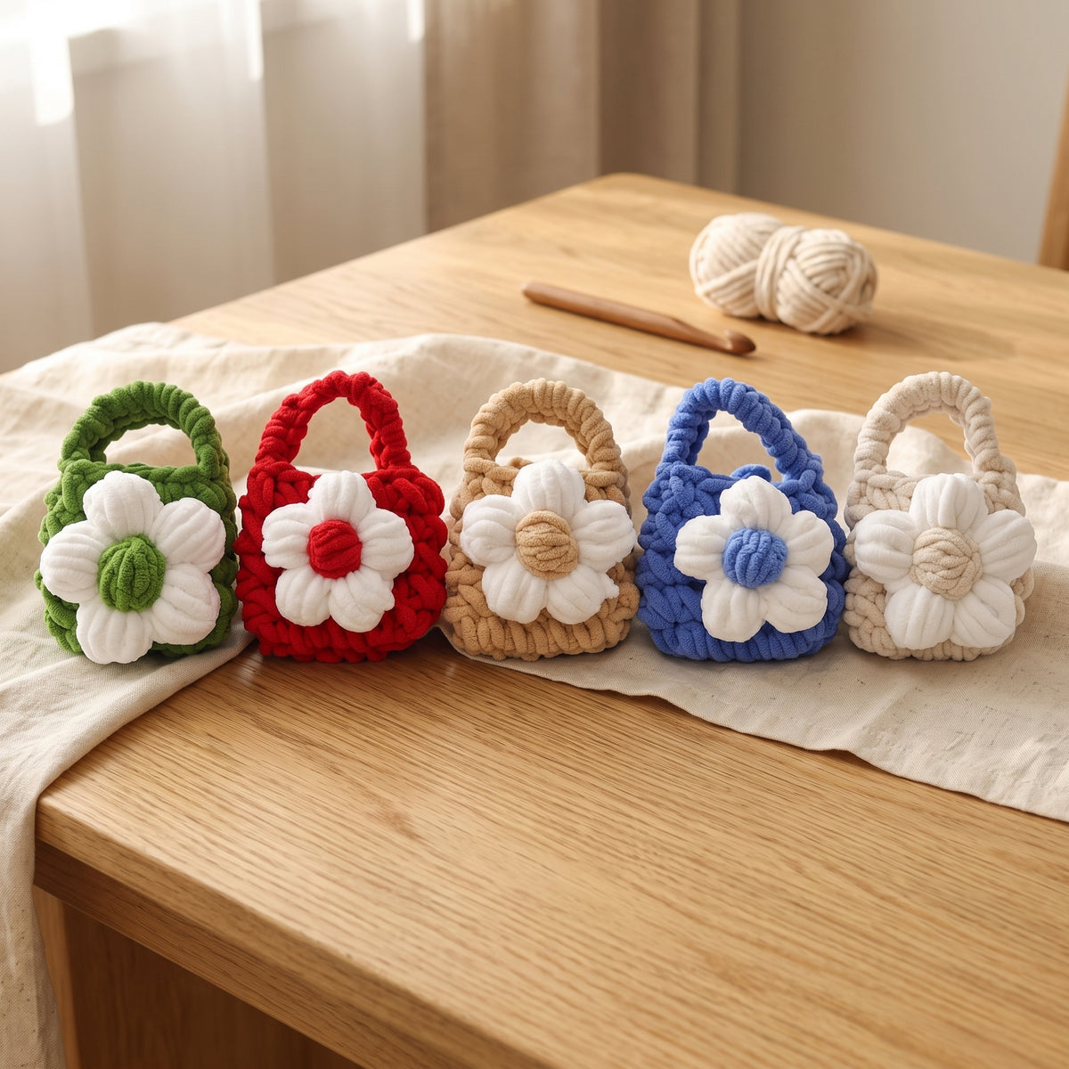 Five-color handmade chunky crochet daisy mini tote bags arranged on wooden table with linen cloth, soft natural window light