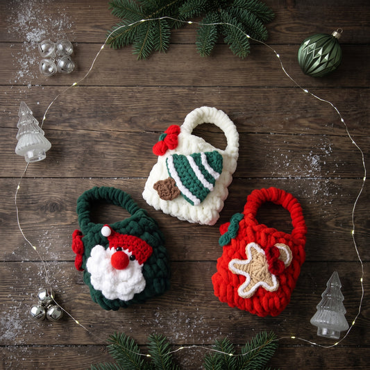 Collection of handmade crochet Christmas mini tote bags, Santa, Christmas tree and gingerbread designs, holiday gift pouches on rustic wooden background