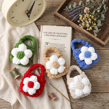 Full set handmade crochet daisy flower mini tote bags, rustic wooden table flat lay with book, clock, lavender and crochet supplies