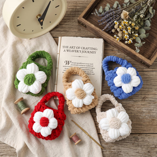 Full set handmade crochet daisy flower mini tote bags, rustic wooden table flat lay with book, clock, lavender and crochet supplies