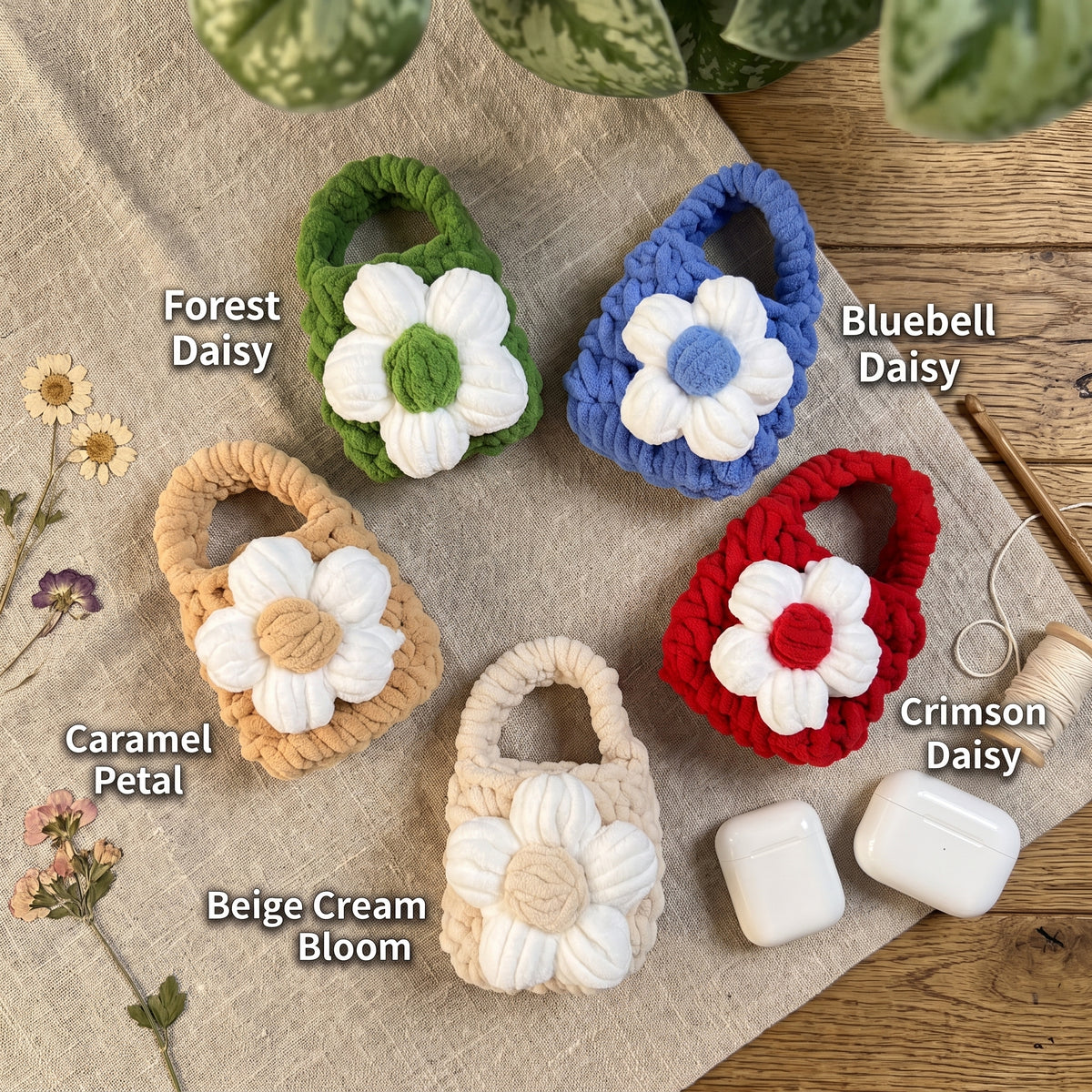 5 colors handmade chunky crochet daisy mini tote bags, labeled color variants, displayed with AirPods case for size reference