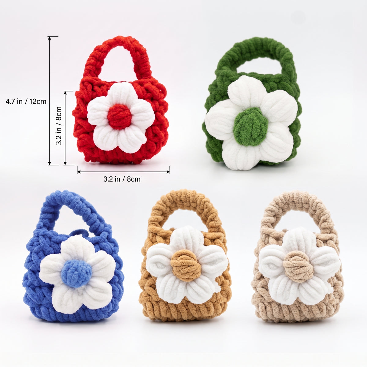 5 colors handmade crochet daisy earbud case, white background with size dimension markers, cute chunky knit flower mini pouch