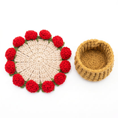 Handmade Crochet Red Rose Coaster, 3D Floral Cotton Cup Mat