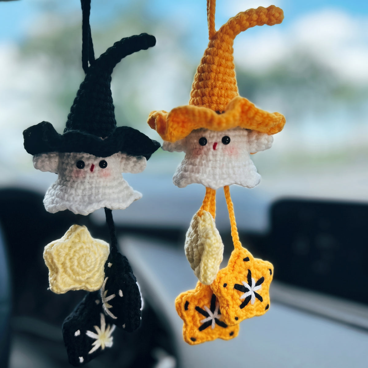 Handmade Crochet Witch Ghost Car Charm | Halloween Rearview Mirror Ornament
