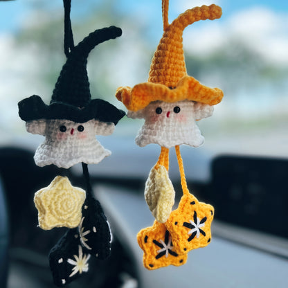 Handmade Crochet Witch Ghost Car Charm | Halloween Rearview Mirror Ornament