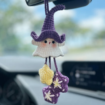 Handmade Crochet Witch Ghost Car Charm | Halloween Rearview Mirror Ornament