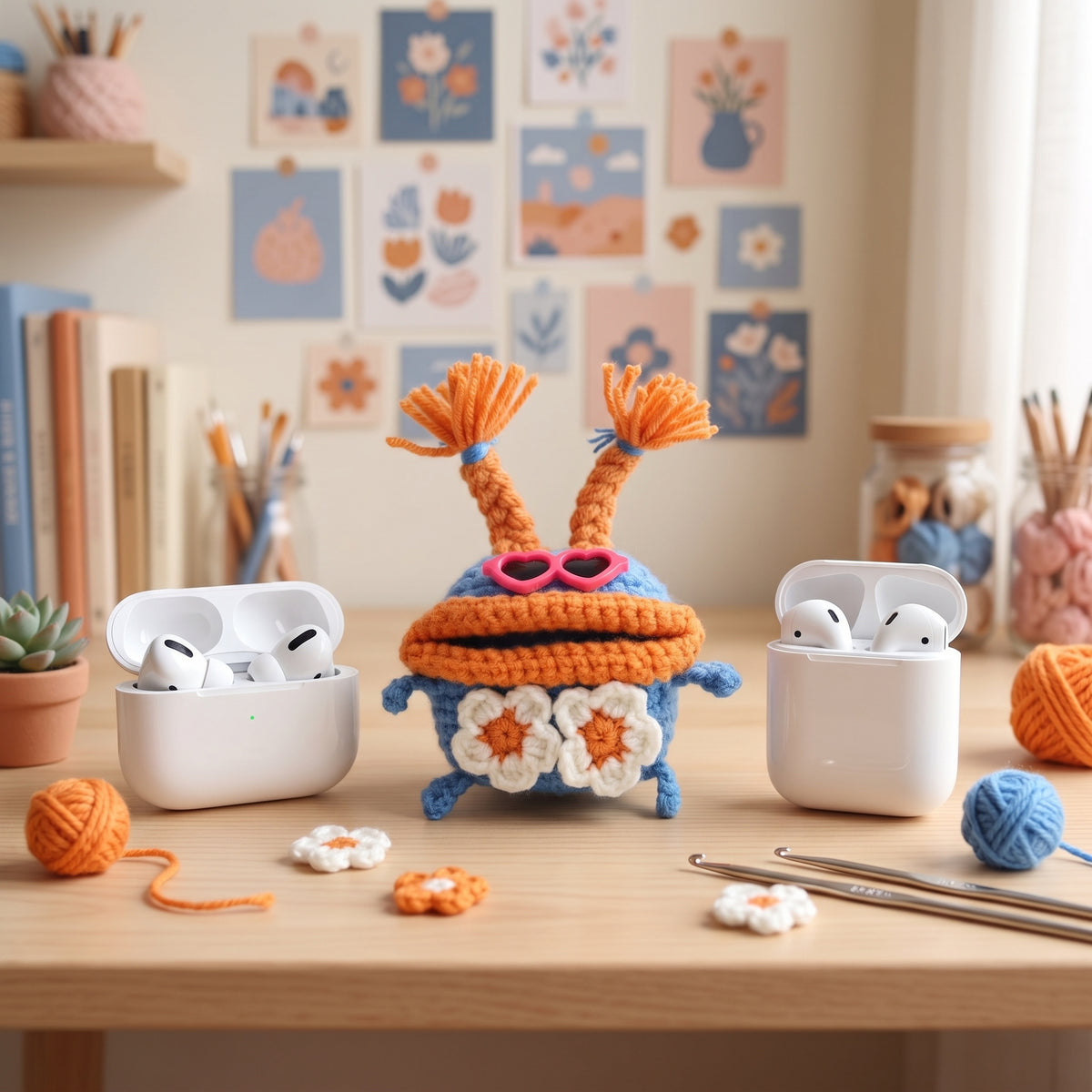 Handmade Quirky Monster Crochet AirPods Case - Kawaii Blue Knit Earbud Cover