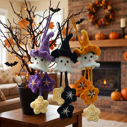 Handmade Crochet Witch Ghost Car Charm | Halloween Rearview Mirror Ornament