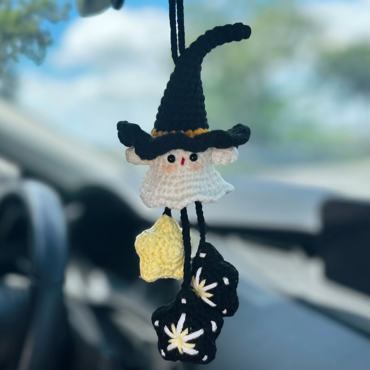 Handmade Crochet Witch Ghost Car Charm | Halloween Rearview Mirror Ornament