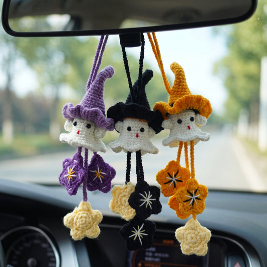 Handmade Crochet Witch Ghost Car Charm | Halloween Rearview Mirror Ornament