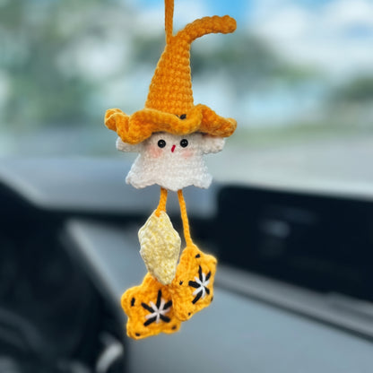 Handmade Crochet Witch Ghost Car Charm | Halloween Rearview Mirror Ornament