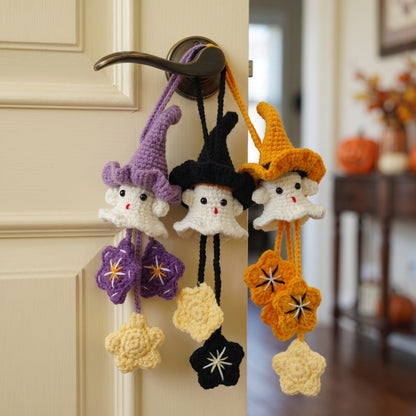 Handmade Crochet Witch Ghost Car Charm | Halloween Rearview Mirror Ornament