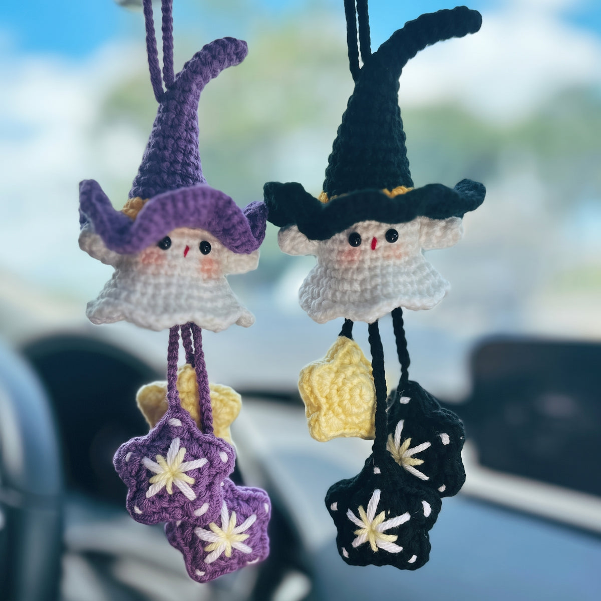 Handmade Crochet Witch Ghost Car Charm | Halloween Rearview Mirror Ornament