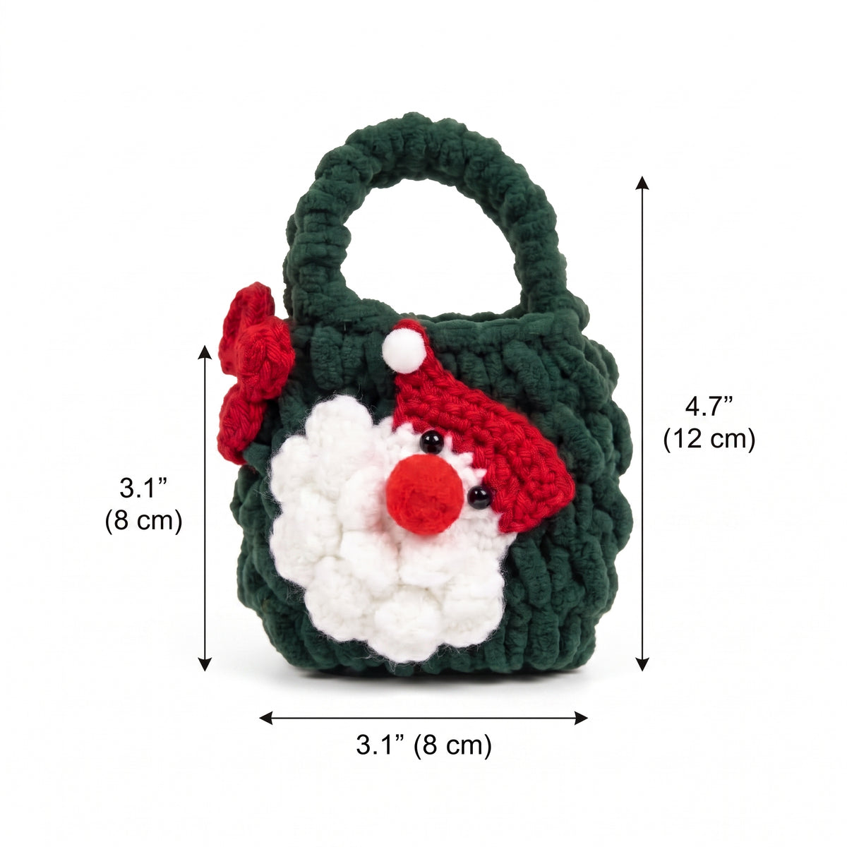 Dark green handmade crochet Santa gnome mini tote bag with dimension measurements, small Christmas gift pouch white background