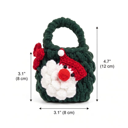 Dark green handmade crochet Santa gnome mini tote bag with dimension measurements, small Christmas gift pouch white background