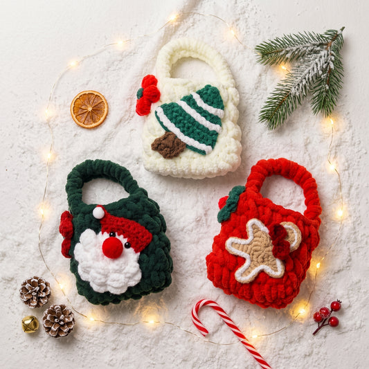 Handmade crochet Christmas mini tote bags, Santa, gingerbread and Christmas tree designs, festive holiday gift pouches on snowy background
