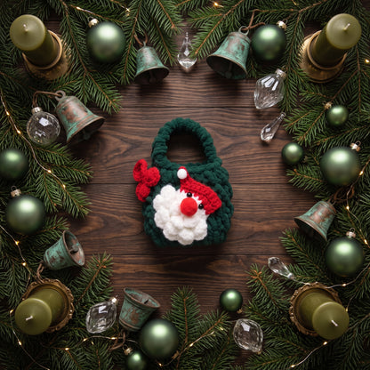 Handmade dark green crochet Santa gnome mini tote bag, festive Christmas gift pouch surrounded by pine branches, bells and ornaments on wooden table