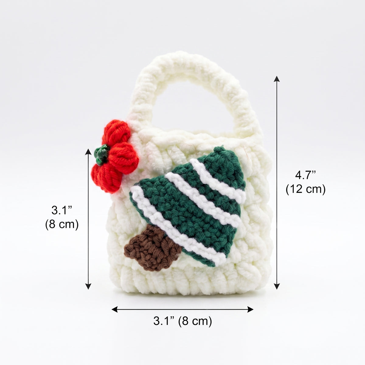 Handmade white crochet mini tote bag with crocheted Christmas tree and red flower ornament, small holiday gift pouch with size measurement