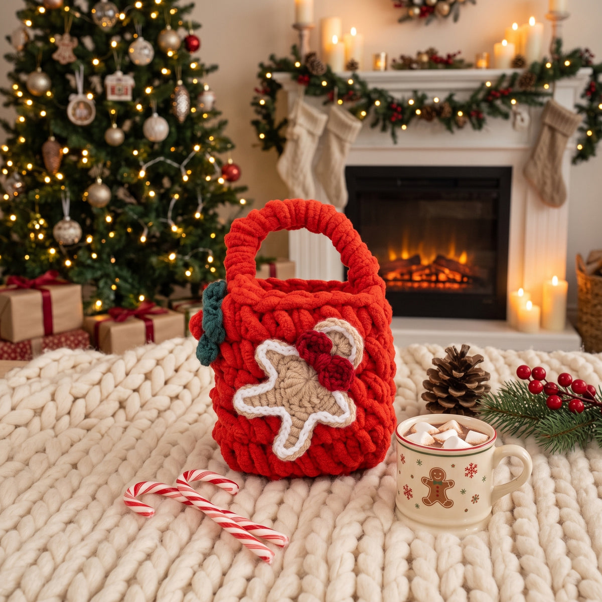 Small red chunky yarn coin purse and headphone holder with a holiday gingerbread man motif, showcased as a cute stocking stuffer.