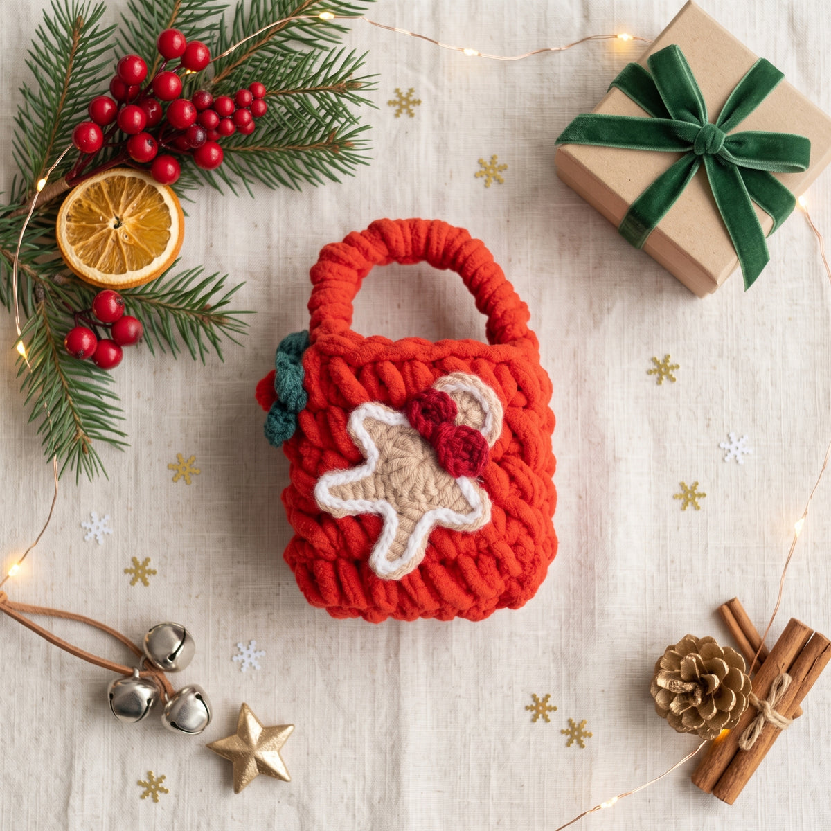 Handmade red crochet gingerbread mini tote bag on linen fabric with pine sprigs, dried orange slice, gift box and christmas bells