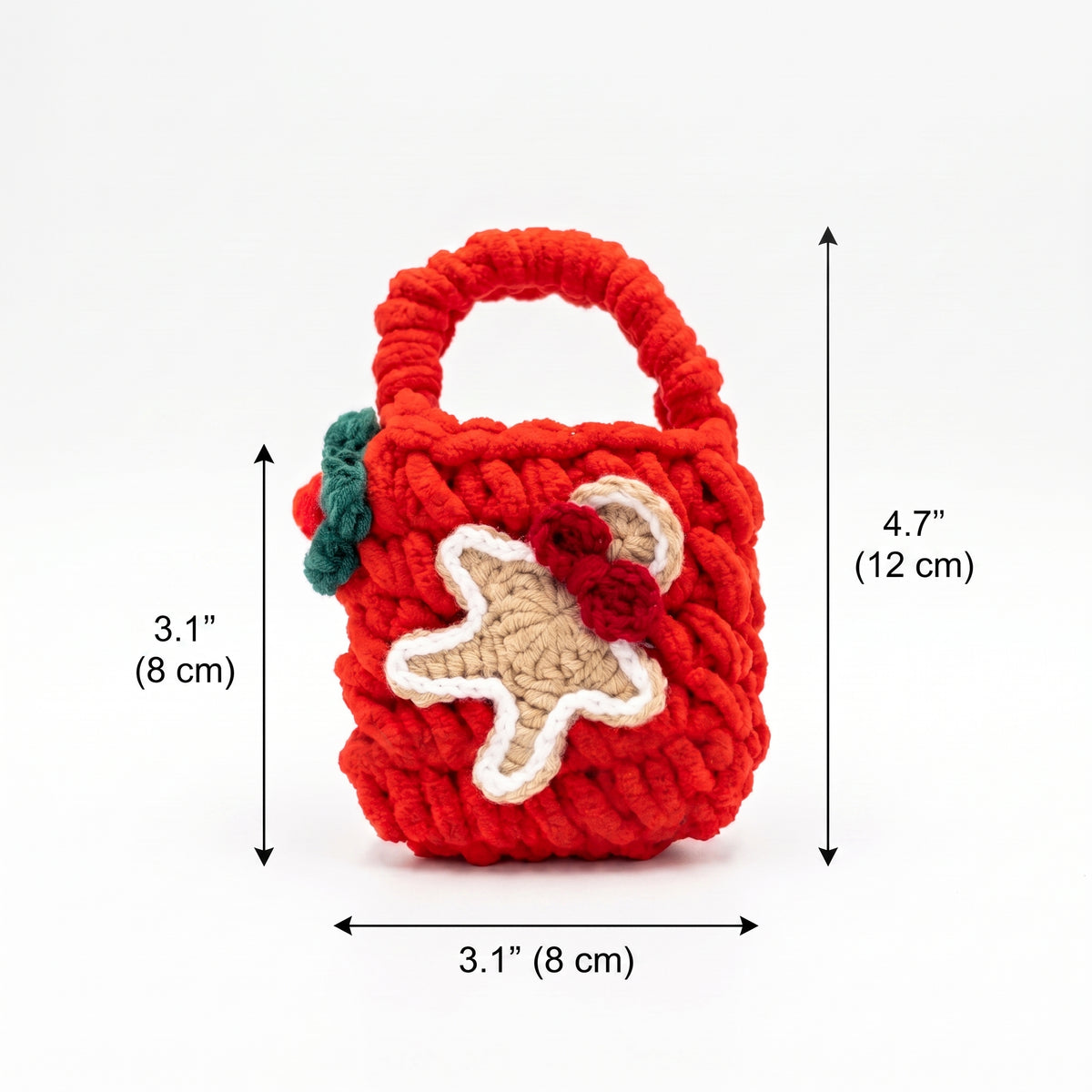 Red handmade crochet gingerbread man mini tote bag with dimension size labels, small Christmas gift pouch on plain white background