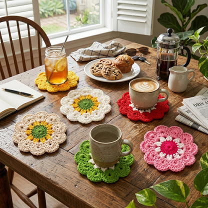 Vibrant handmade crochet flower coasters set placed on rustic wooden dining table with coffee, iced tea and baked pastries, boho home decor