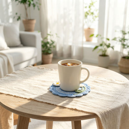 Blue handmade crochet flower coaster under white mug of iced coffee on round wooden table, bright cozy living room with white sofa and potted plants, aesthetic home decor
