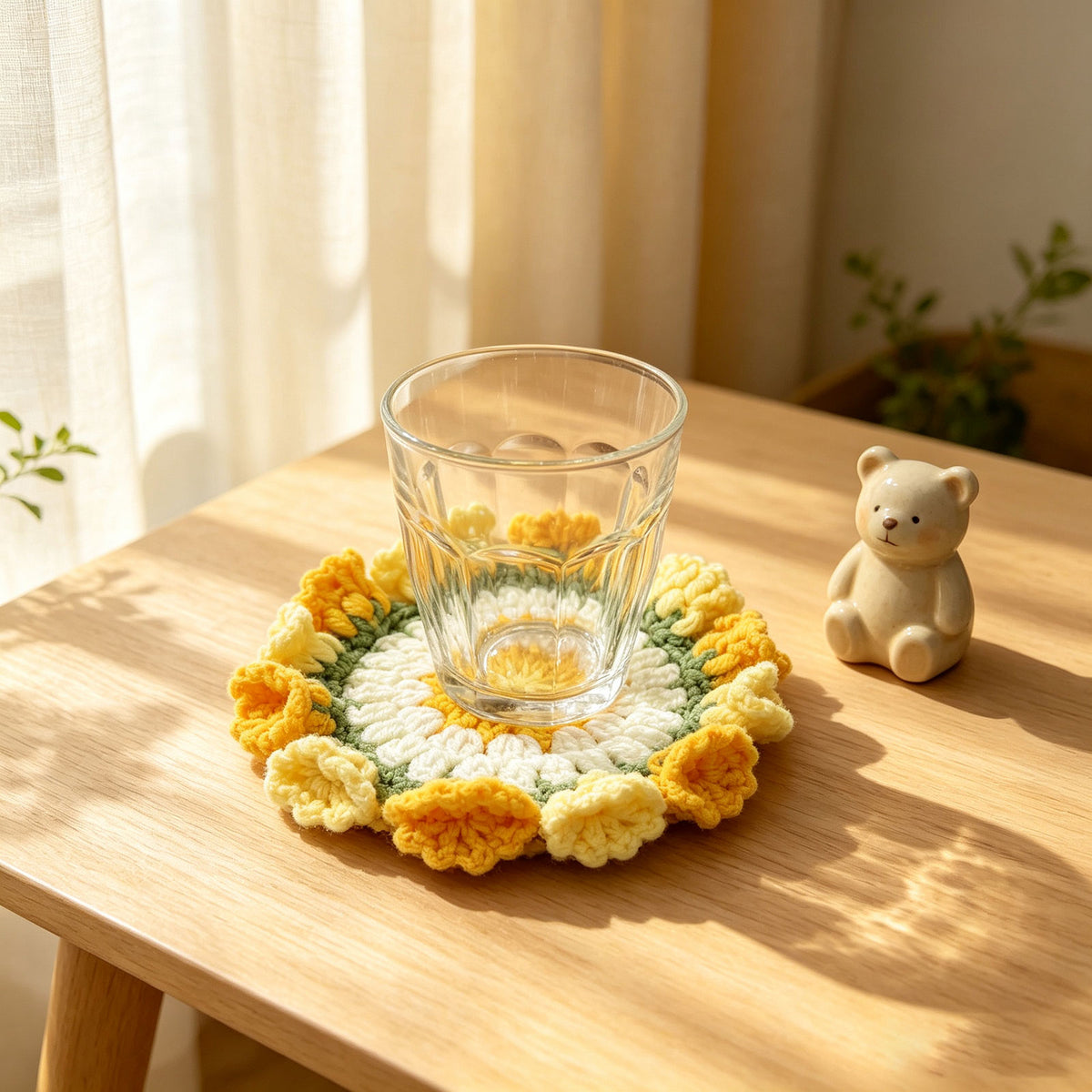 Yellow handmade crochet flower coaster, floral edge design, aesthetic table drink mat, handmade crochet home decor