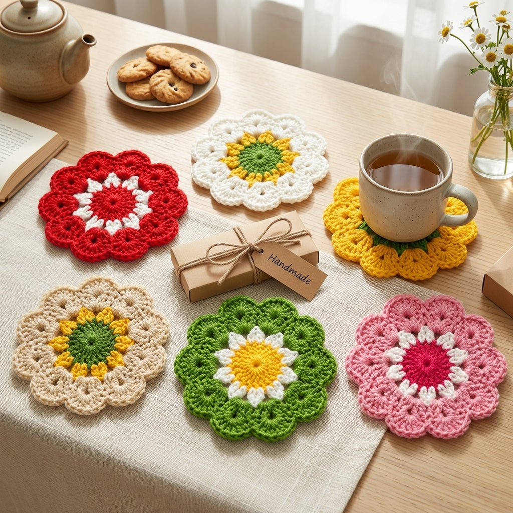 6 pcs handmade crochet flower coasters with gift box, colorful floral knit cup mats on linen table with cookies and teapot