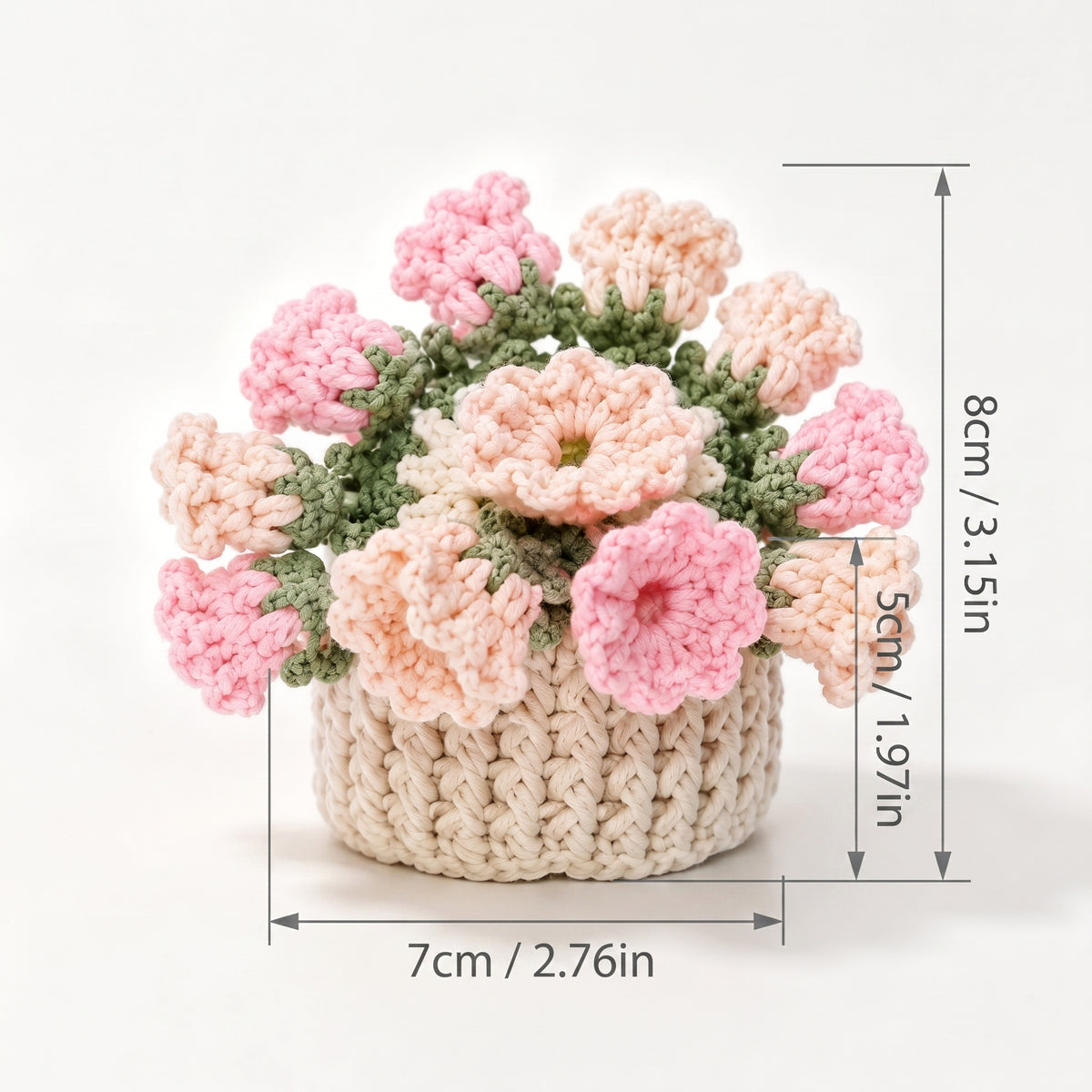 Pink handmade crochet flower bouquet with woven crochet pot base, size marked 7cm×8cm, can pair with foldable flower coaster, cute table ornament