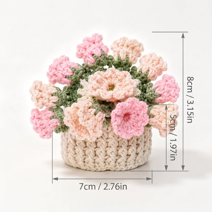 Pink handmade crochet flower bouquet with woven crochet pot base, size marked 7cm×8cm, can pair with foldable flower coaster, cute table ornament
