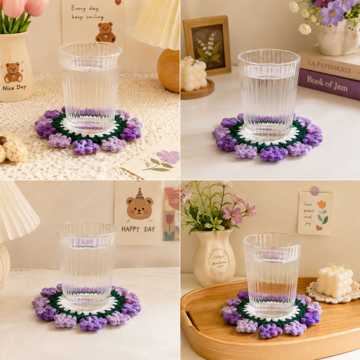 Collage of handmade purple crochet flower coaster in 4 cozy home scenes, floral edge drink mat, aesthetic table decor for cups and mugs