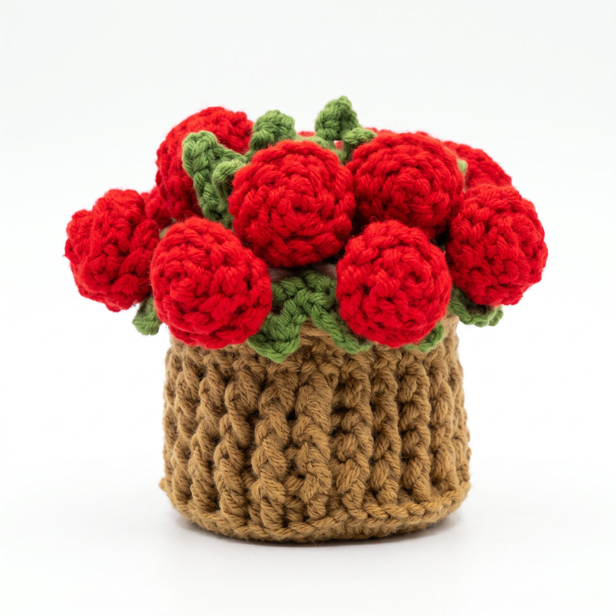 Red rose crochet flower bouquet fully arranged in crochet pot base, handmade floral table ornament, can be used as coaster when unfolded, white background product shot