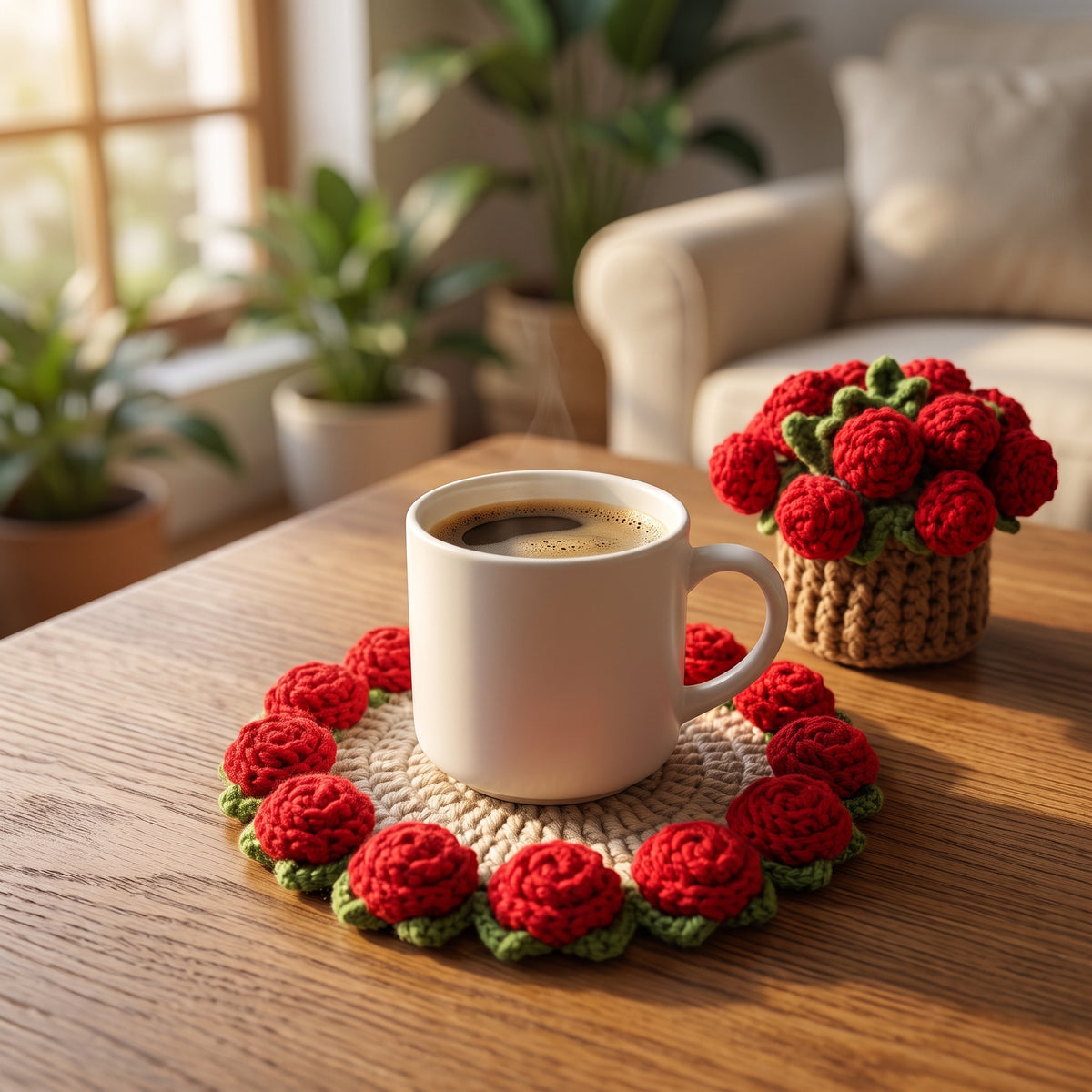 Red rose crochet coaster under white mug of coffee, matching red rose bouquet in crochet pot beside it, warm living room with green plants and beige sofa