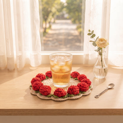 Red rose crochet coaster under tall glass of iced tea on rustic wooden coffee table, cozy living room with beige sofa, vintage books and eyeglasses, warm home decor