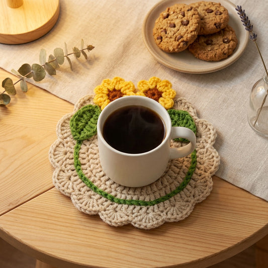 Crochet sunflower coaster under white coffee mug on wooden table with linen cloth, chocolate cookies and dried eucalyptus, warm cozy afternoon tea home aesthetic