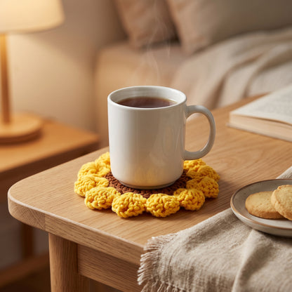 Yellow sunflower crochet coaster under white mug of hot coffee on wooden table, chocolate chip cookies on plate, lavender in glass vase and eucalyptus branches, warm cozy home decor