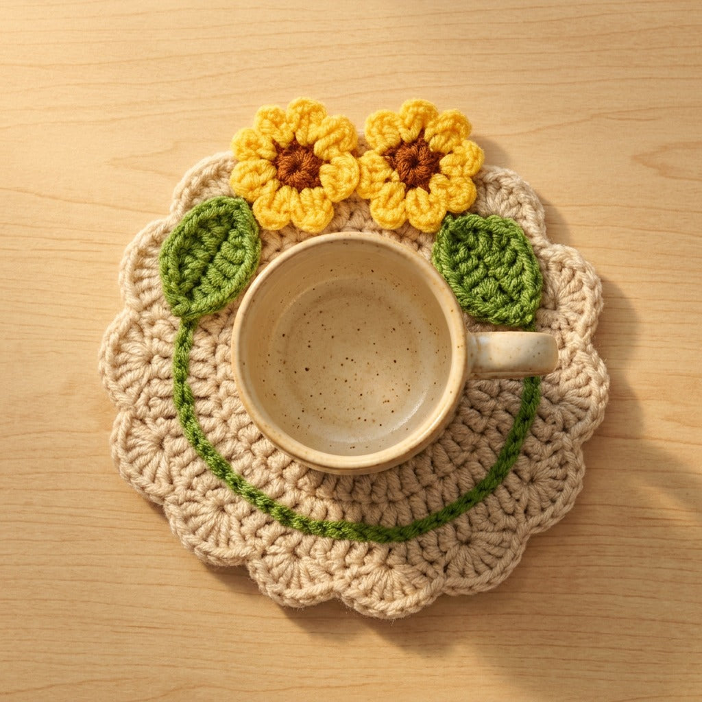 Top-down shot of handmade crochet sunflower coaster holding empty speckled ceramic mug on light wooden table, cute floral handmade table decoration
