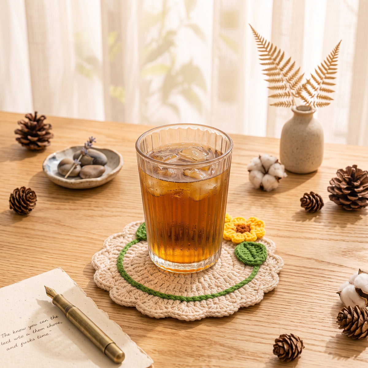 Handmade beige crochet coaster with two 3D yellow sunflowers and green leaves, placed under glass of water on cozy warm desk with table lamp and tulip vase, cute boho table decor