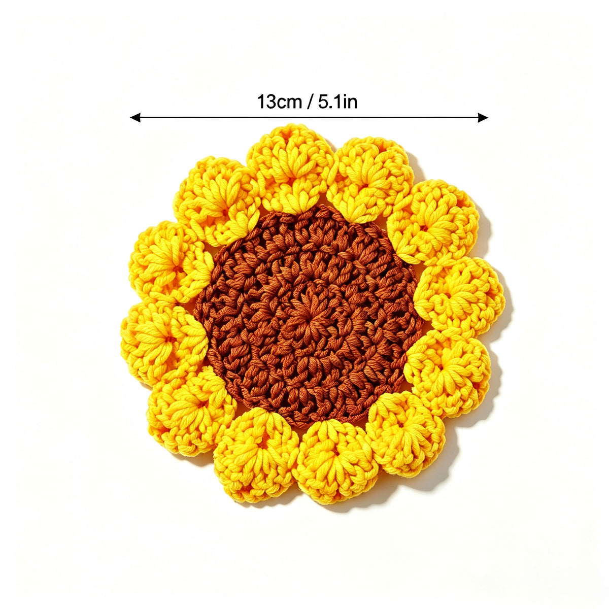 Handmade crochet sunflower coaster with brown center and yellow 3D petals, size marked 13cm 5.1 inches, top view on white background, floral drink mat
