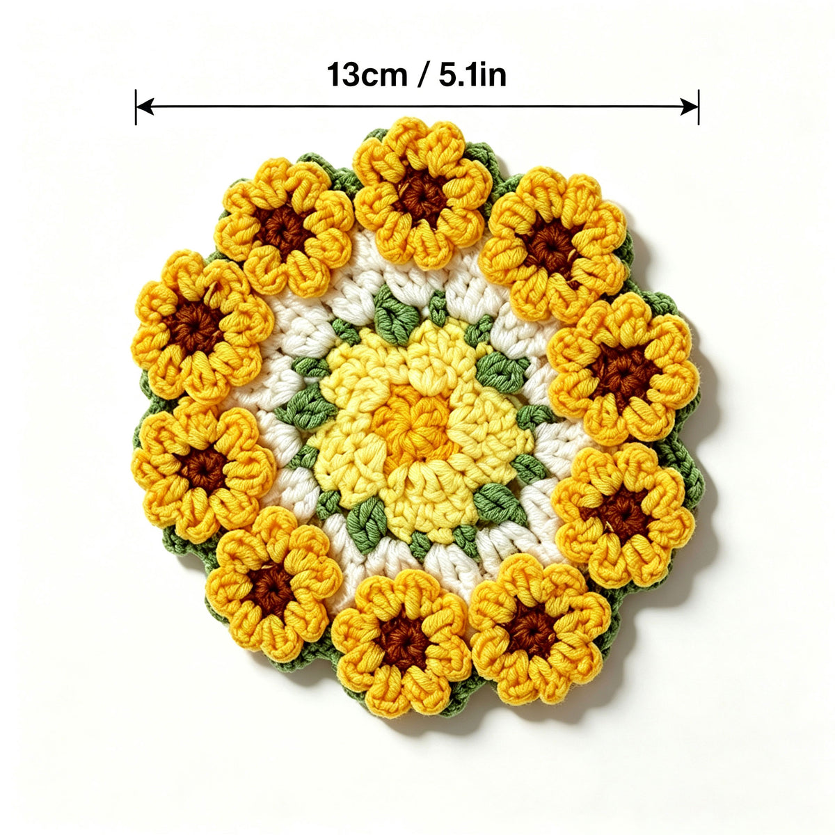 Top view handmade crochet sunflower coaster with size marked 13cm / 5.1 inches, yellow 3D sunflower pattern, knitted cup mat for mugs and teacups